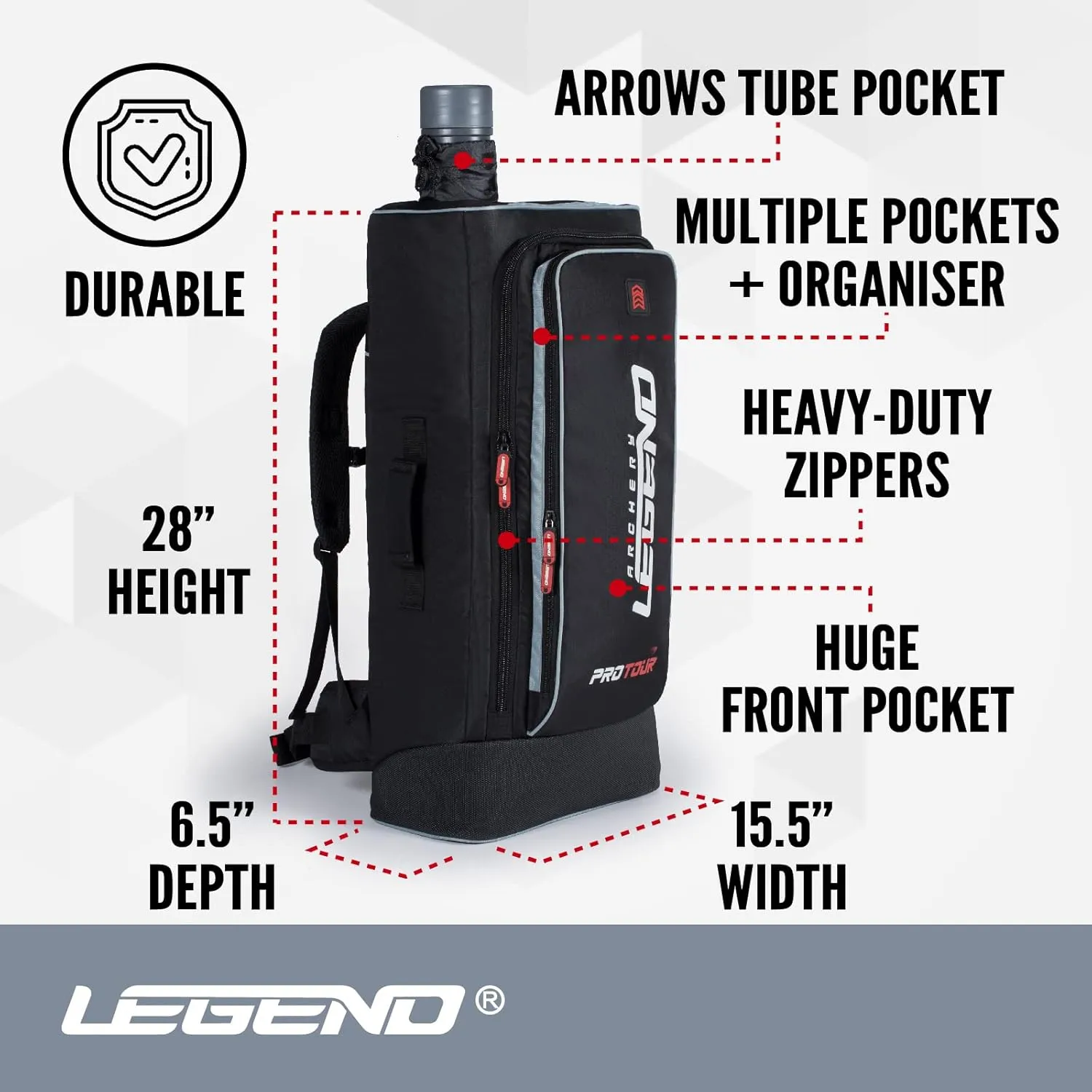 Legend Archery ProTour Backpack - Premium Recurve Bow Case - With Arrows Telescopic Tube - Take Down Recurve Bow up to 27"