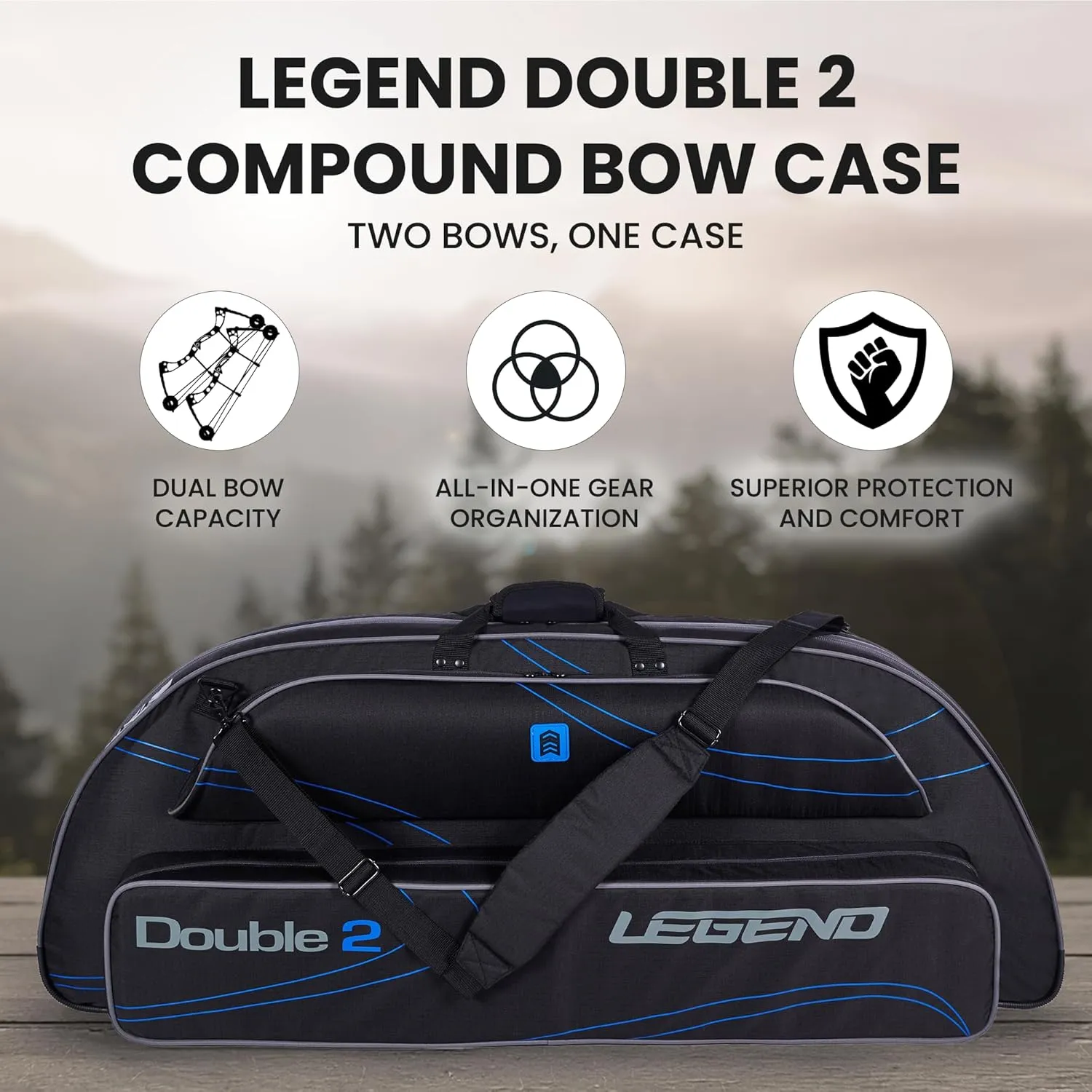 Legend Double 2 Compound Bow Travel Case - Archery Case with Foam Padding, Nylon Material, Storage Pockets for Accessories - Heavy-Duty Bow Soft Case, Fits MTM Arrow Carry Case & 2 Bows - 44.8x17