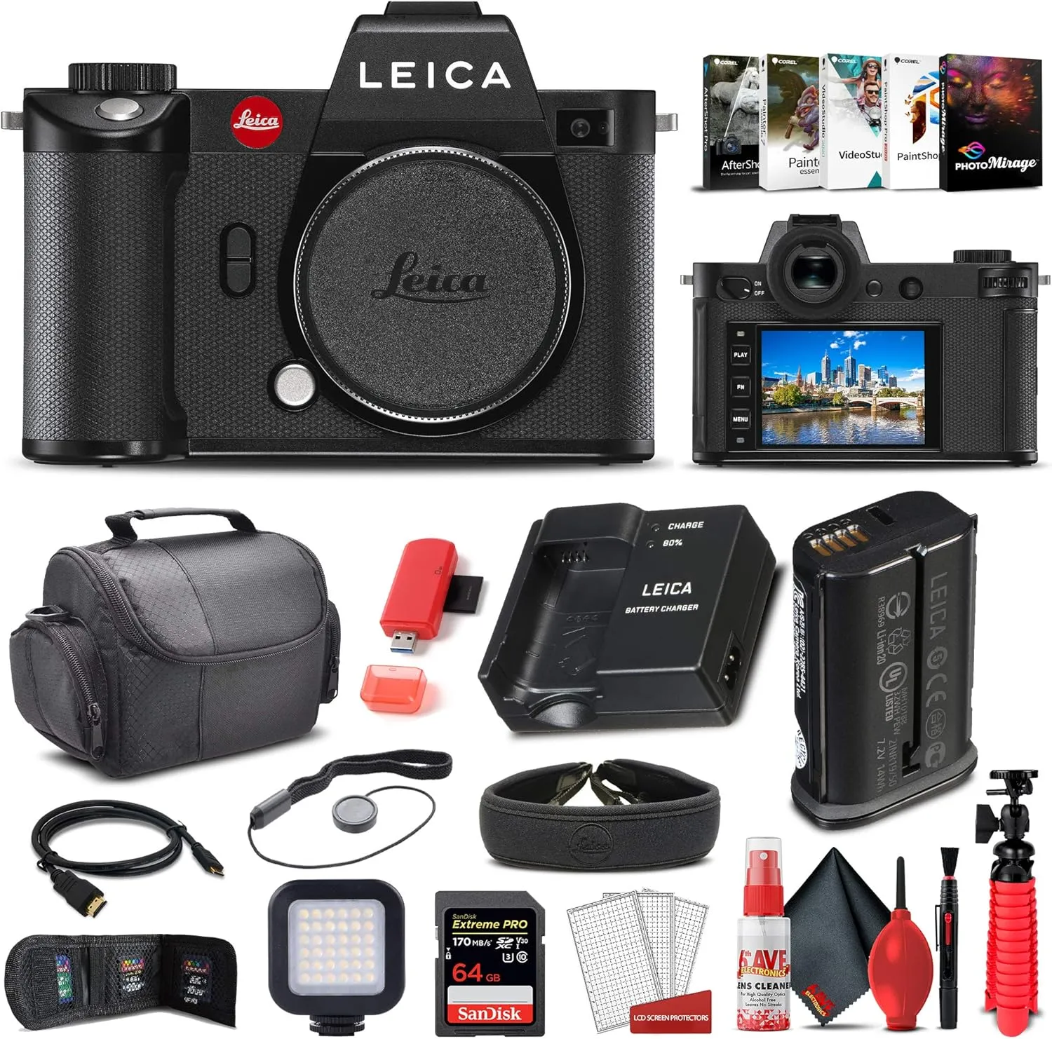 Leica SL2 Mirrorless Digital Camera (Body Only) (10854)   64GB Extreme Pro Card   Corel Photo Software   LED Video Light   Card Reader   Case   Cleaning Set   HDMI Cable and More - Deluxe Bundle