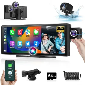 【Lens Flip】 10.26''Wireless CarPlay Screen for Car 2.5K Dash Cam with Backup Camera Portable Android Auto Car Stereo, GPS Navigation, Bluetooth, AirPlay, AUX/FM, Siri for All Vehicle