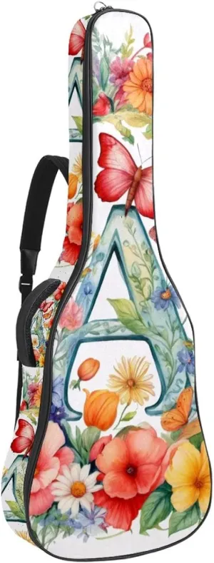 Letter a Surrounded by Flowers Butterflies Watercolor Pattern Acoustic Guitar Bag, Guitar Case Gig Bag 40 41 42 inch with Dual Adjustable Shoulder Strap and Back Hanger Loop
