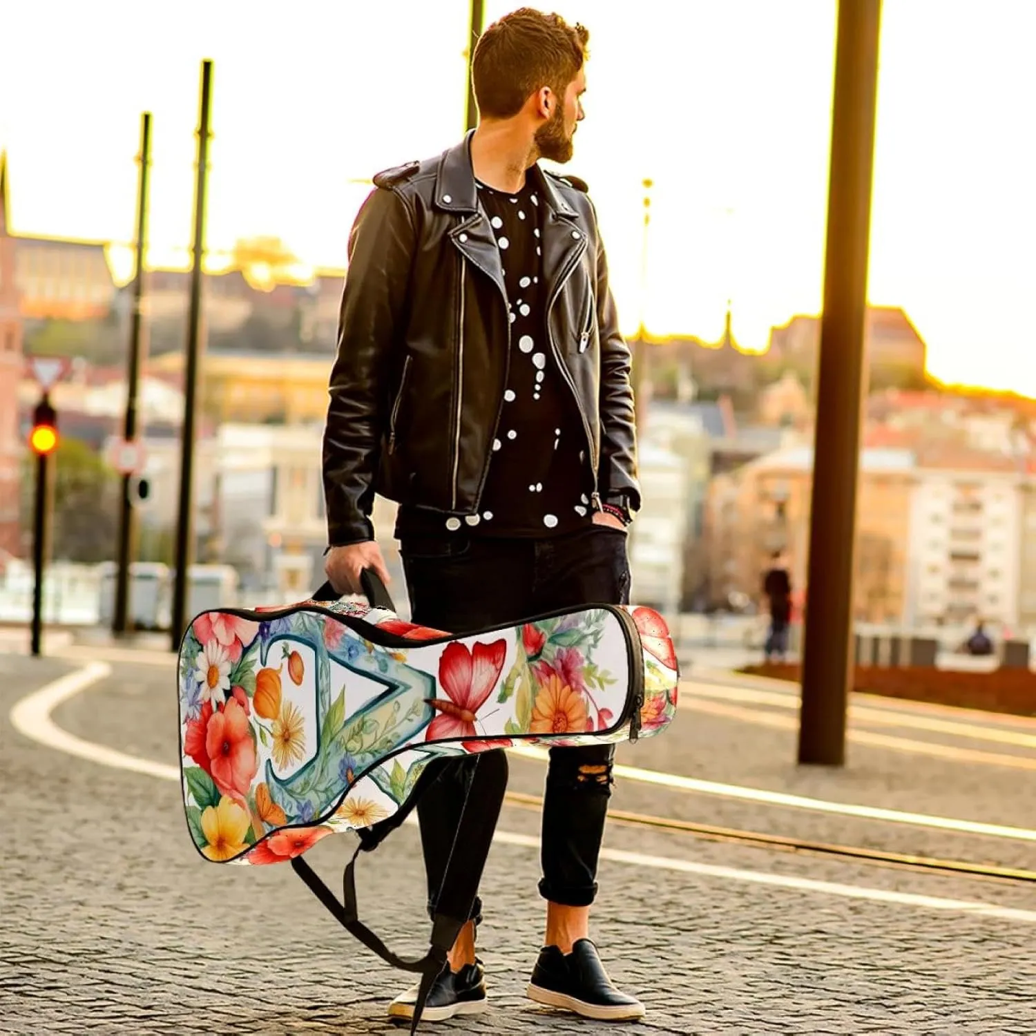 Letter a Surrounded by Flowers Butterflies Watercolor Pattern Acoustic Guitar Bag, Guitar Case Gig Bag 40 41 42 inch with Dual Adjustable Shoulder Strap and Back Hanger Loop