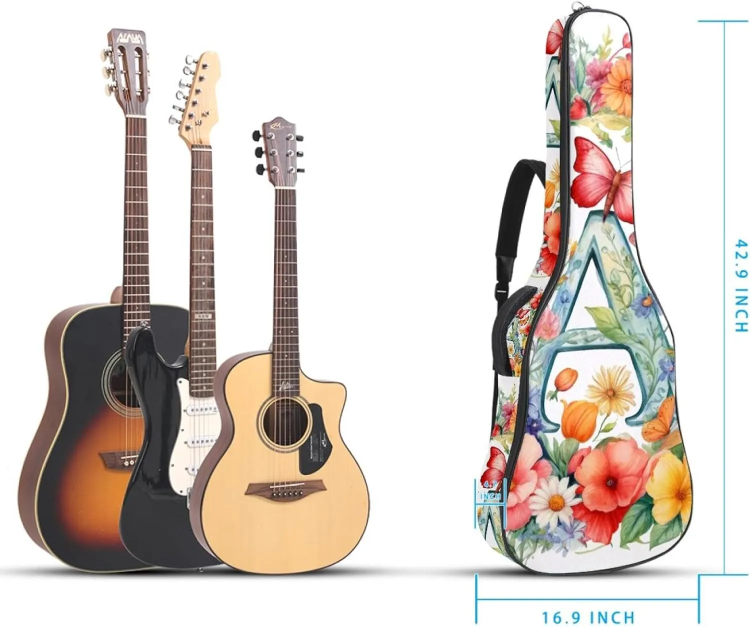 Letter a Surrounded by Flowers Butterflies Watercolor Pattern Acoustic Guitar Bag, Guitar Case Gig Bag 40 41 42 inch with Dual Adjustable Shoulder Strap and Back Hanger Loop