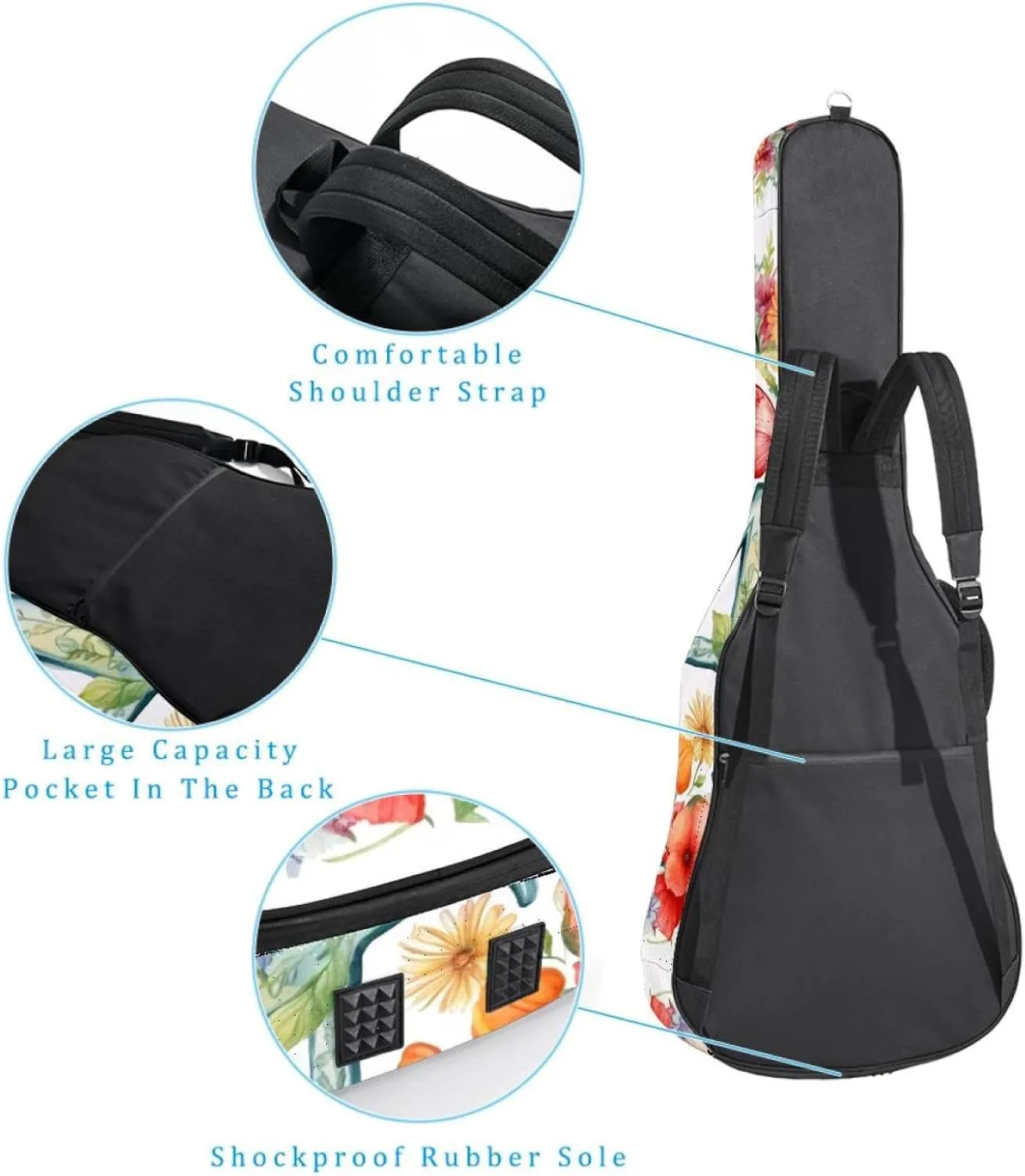Letter a Surrounded by Flowers Butterflies Watercolor Pattern Acoustic Guitar Bag, Guitar Case Gig Bag 40 41 42 inch with Dual Adjustable Shoulder Strap and Back Hanger Loop