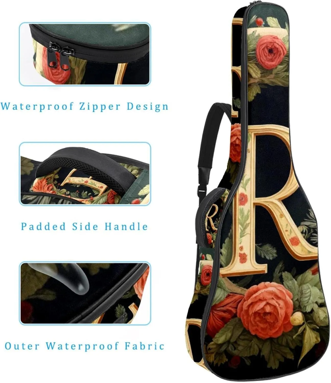 Letter R Surrounded Floral Retro Pattern Acoustic Guitar Bag, Guitar Case Gig Bag 40 41 42 inch with Dual Adjustable Shoulder Strap and Back Hanger Loop