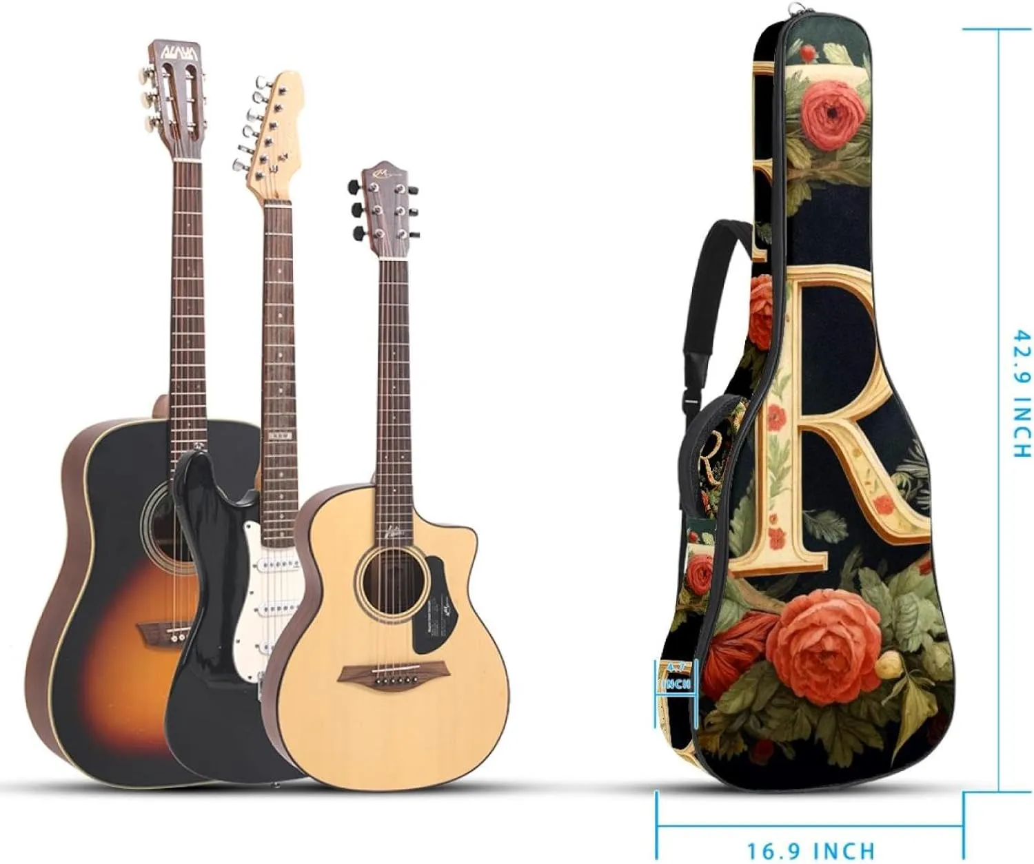 Letter R Surrounded Floral Retro Pattern Acoustic Guitar Bag, Guitar Case Gig Bag 40 41 42 inch with Dual Adjustable Shoulder Strap and Back Hanger Loop