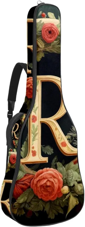 Letter R Surrounded Floral Retro Pattern Acoustic Guitar Bag, Guitar Case Gig Bag 40 41 42 inch with Dual Adjustable Shoulder Strap and Back Hanger Loop