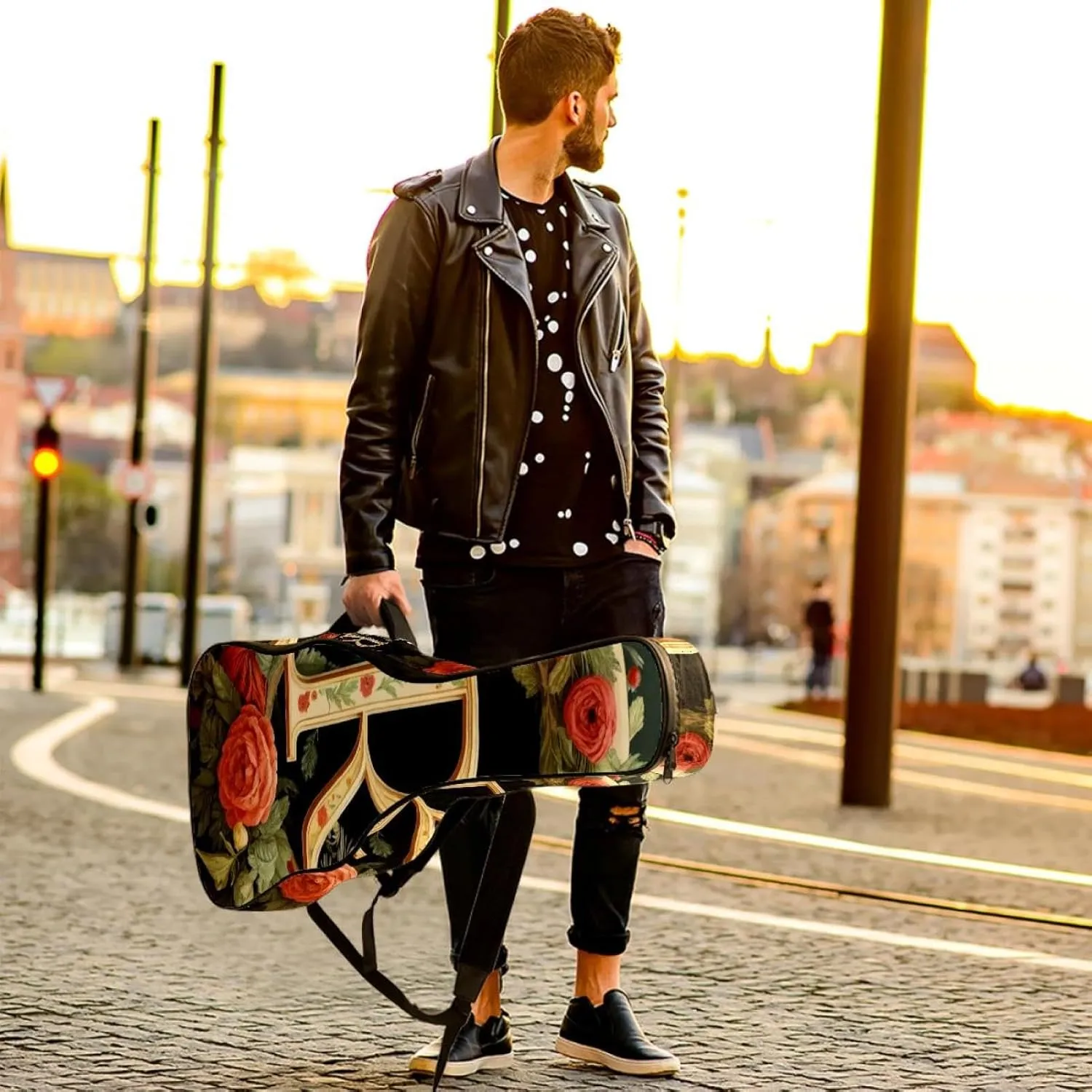 Letter R Surrounded Floral Retro Pattern Acoustic Guitar Bag, Guitar Case Gig Bag 40 41 42 inch with Dual Adjustable Shoulder Strap and Back Hanger Loop
