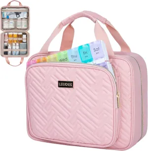 Leudes Travel Pill Bottle Organizer,Medicine Organizer and Storage,Home Medication Bag, Cases,Carrier for Pills,Vitamin,Fish Oil,Supplements for Women and Men (Large, Pink)