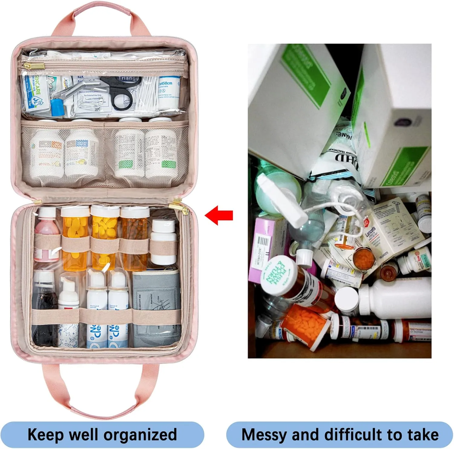 Leudes Travel Pill Bottle Organizer,Medicine Organizer and Storage,Home Medication Bag, Cases,Carrier for Pills,Vitamin,Fish Oil,Supplements for Women and Men (Large, Pink)