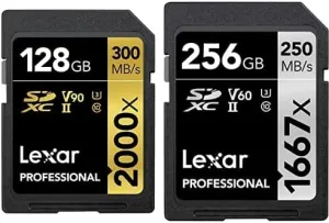 Lexar Professional 2000x 128GB SDXC UHS-II Card, Up to 300MB/s Read (LSD2000128G-BNNNU) with (LSD256CBNA1667) 1667X 256GB SDXC Uhs-II/U3 Card