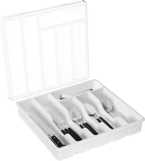 Lifewit Silverware Organizer with Lid, Covered Utensil Tray for Kitchen Drawer and Countertop, Plastic Cutlery and Flatware Storage Box for Spoons Forks Knives Holder Case, 6 Compartments, White