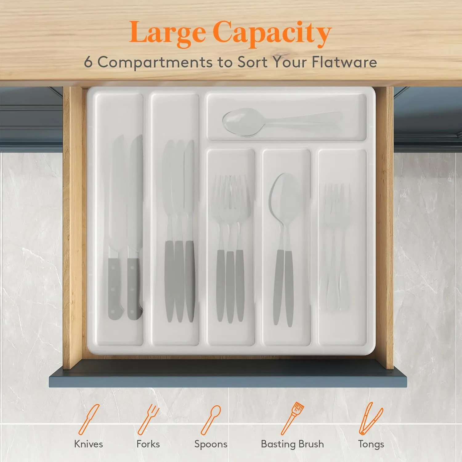 Lifewit Silverware Organizer with Lid, Covered Utensil Tray for Kitchen Drawer and Countertop, Plastic Cutlery and Flatware Storage Box for Spoons Forks Knives Holder Case, 6 Compartments, White