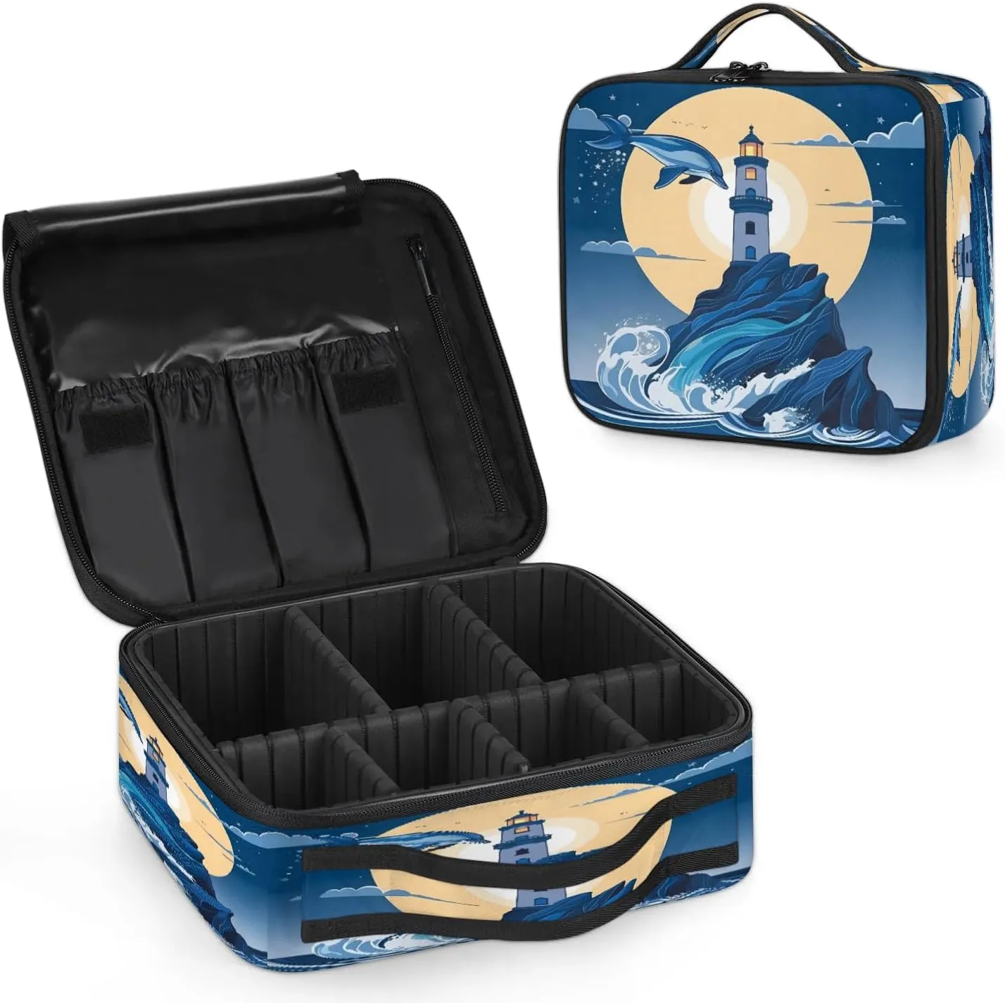 Lighthouse Makeup Bag for Travel, Cosmetic Bag with Dividers Toiletry Storage Ocean Dolphin Portable Organizer Train Case for Cosmetics Makeup Brushes Jewelry