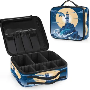Lighthouse Makeup Bag for Travel, Cosmetic Bag with Dividers Toiletry Storage Ocean Dolphin Portable Organizer Train Case for Cosmetics Makeup Brushes Jewelry