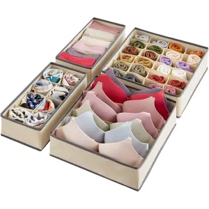 Lindoro 4 Pcs Drawer Underwear Organizer Divider, Foldable Closet Socks Organizer and Storage Boxes Bins Basket for Lingerie, Bra, Undies (Beige)