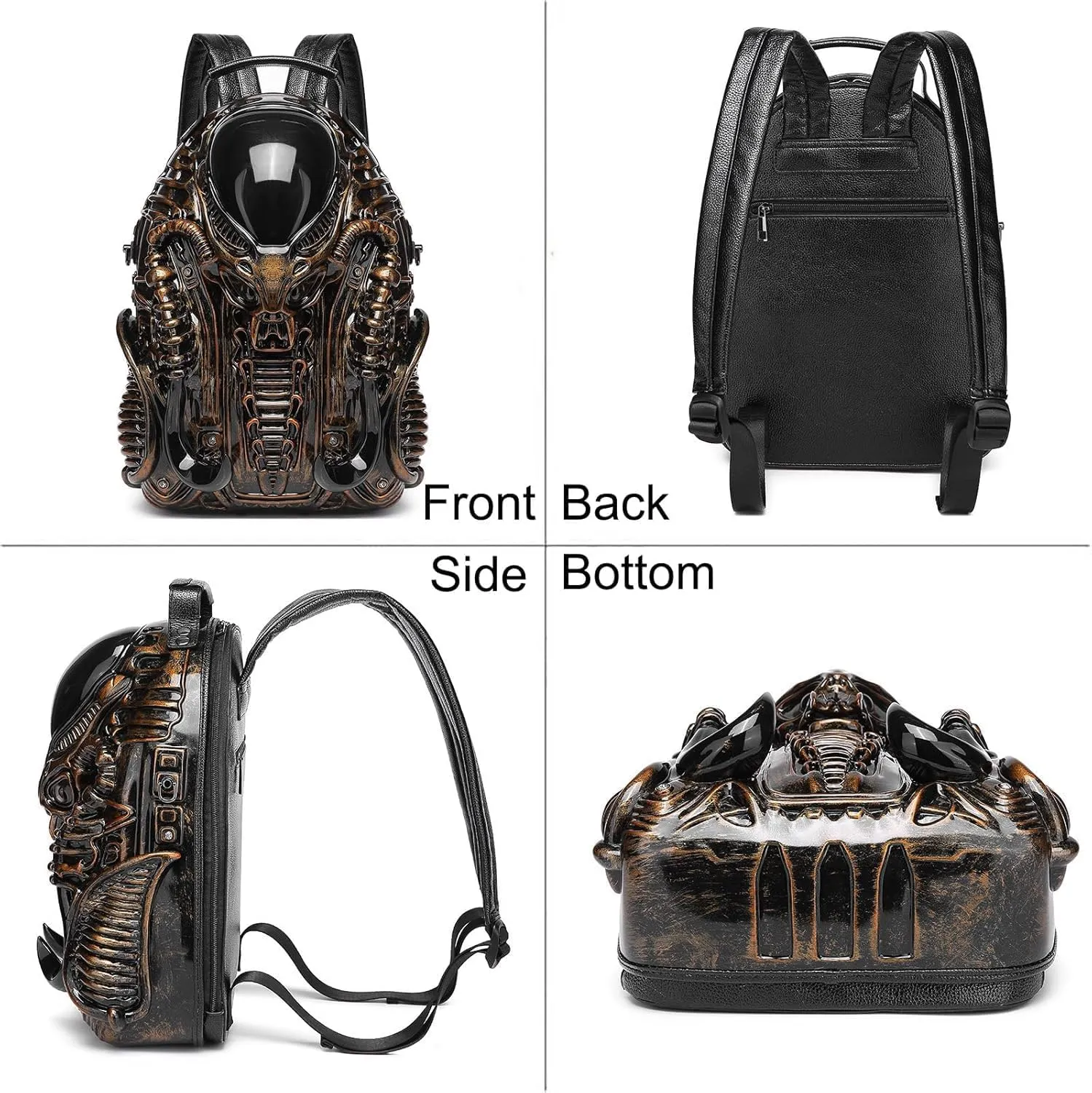 LipSki 3D Xenomorph Shaped Backpack, Steam Punk for Men or Women Y2K Personality Travel Handbag PVC Unique Novelty Alien Purse (black)