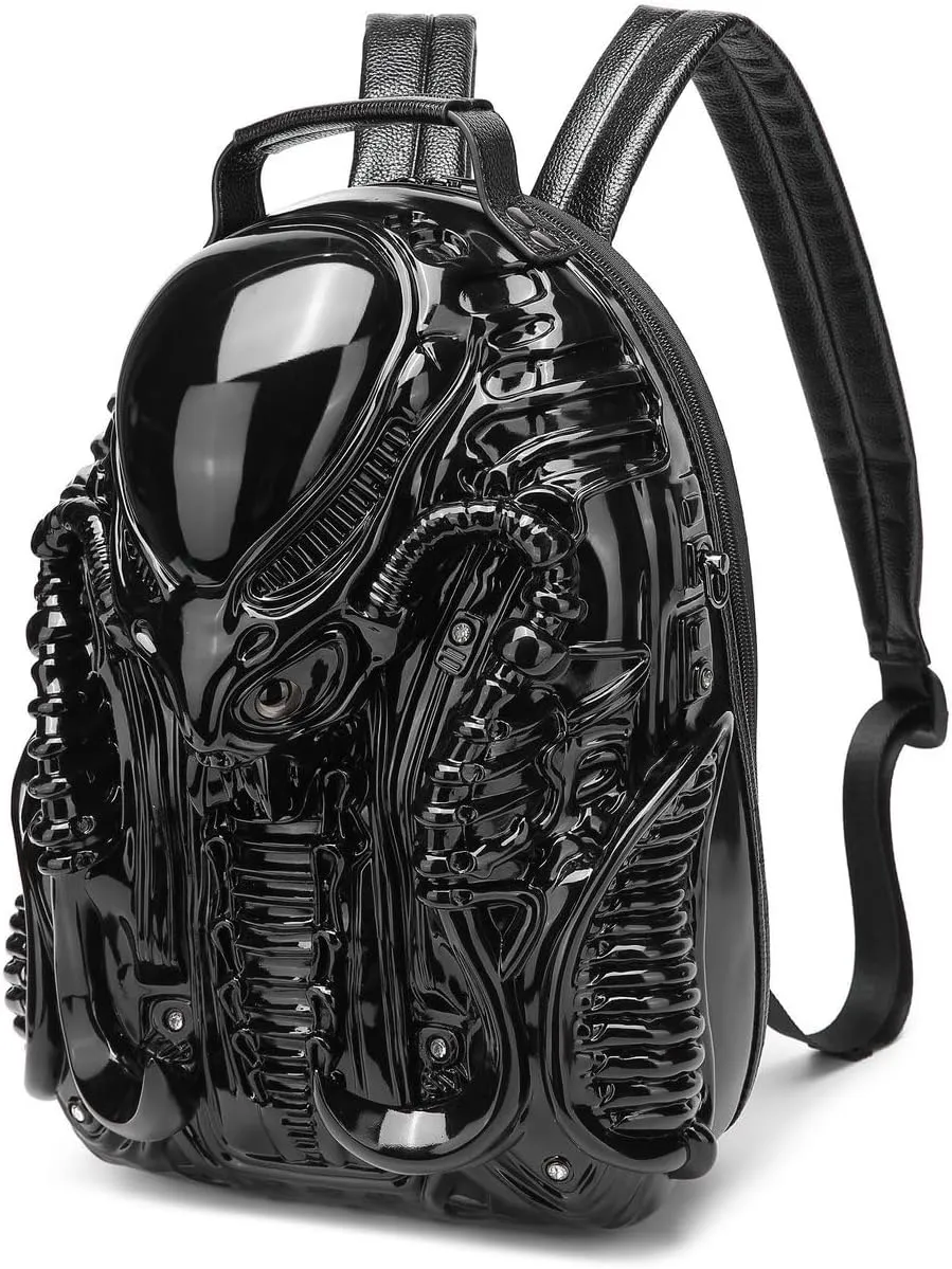 LipSki 3D Xenomorph Shaped Backpack, Steam Punk for Men or Women Y2K Personality Travel Handbag PVC Unique Novelty Alien Purse (black)