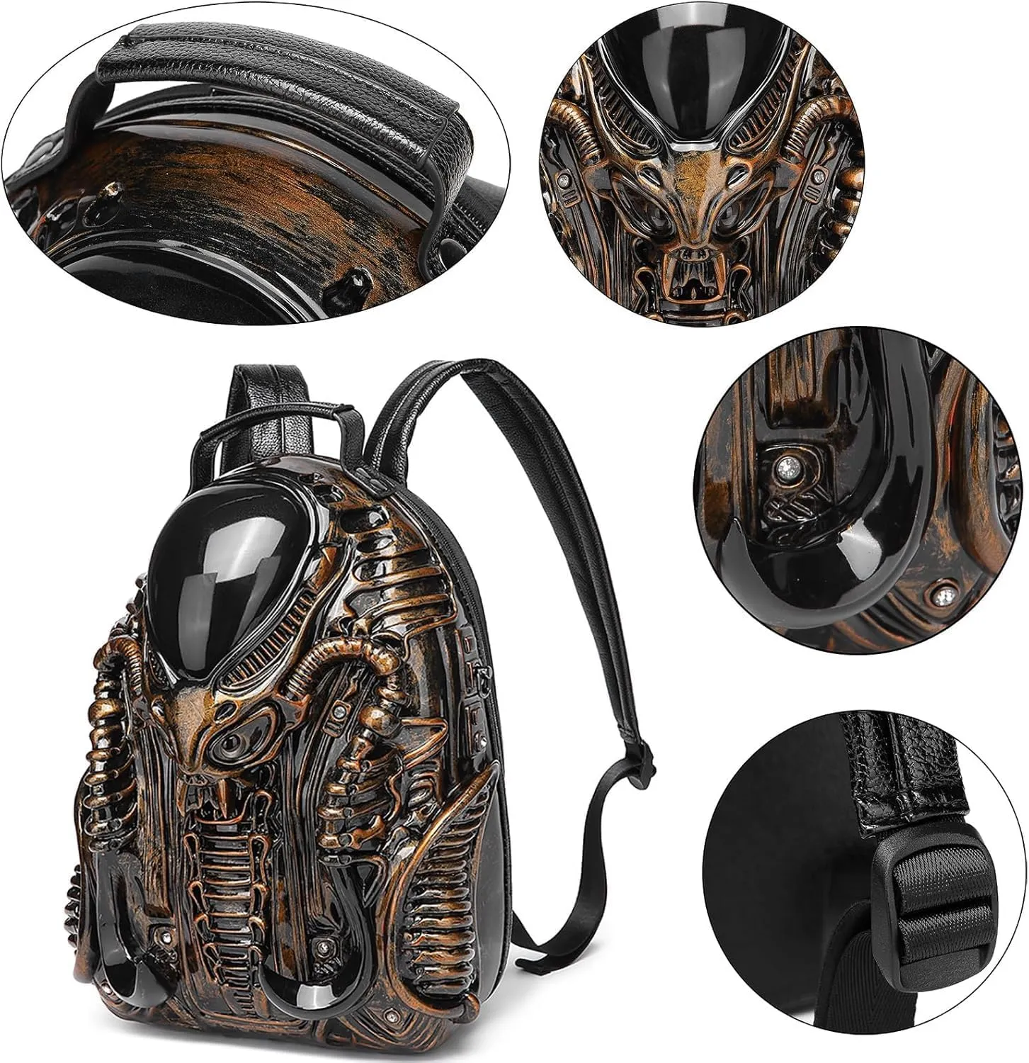 LipSki 3D Xenomorph Shaped Backpack, Steam Punk for Men or Women Y2K Personality Travel Handbag PVC Unique Novelty Alien Purse (black)