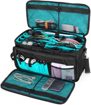 LoDrid Large Cable File Bag with Inside Padded Bottom and Detachable Dividers, DJ Bag with Multiple Pockets for 15.6” Laptop, DJ Gear, Sound Instrument, and Music Equipment, Black