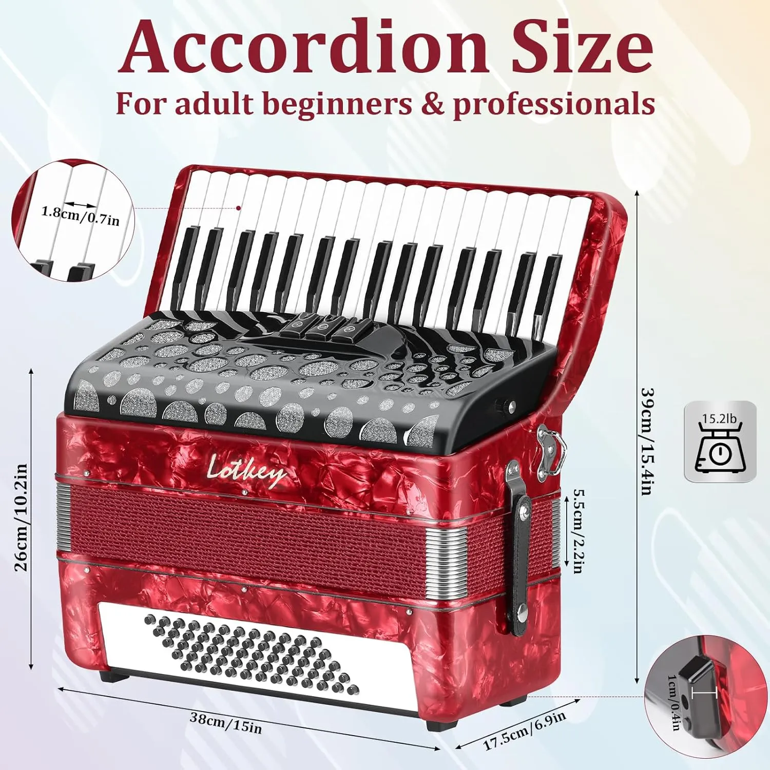 LOTKEY 34 Key Piano Accordion, 60 Bass Variable Tone Portable Accordion Instrument, Handmade Premium Reed Adult Accordions with Gig Bag, Padded Shoulder Strap for Beginners, Professionals (Red)