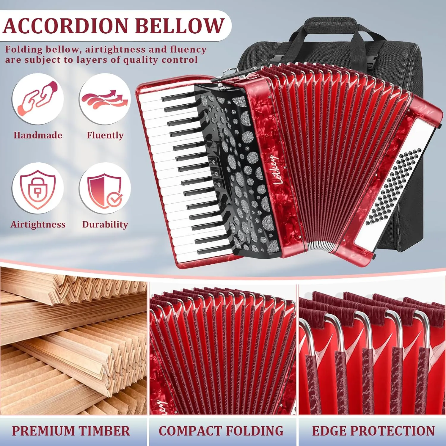 LOTKEY 34 Key Piano Accordion, 60 Bass Variable Tone Portable Accordion Instrument, Handmade Premium Reed Adult Accordions with Gig Bag, Padded Shoulder Strap for Beginners, Professionals (Red)