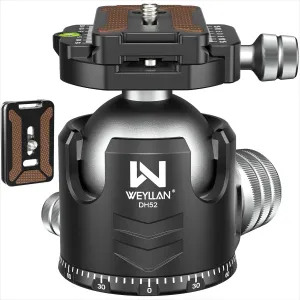 Low Profile Ball Head 52mm Tripod Head WEYLLAN DH52 Camera Head Mount, CNC Heavy Duty Ball Head with Two 1/4" Quick Release Plates, Panoramic Ballhead for Tripod, Monopod, DSLR, Max Load 66lbs /30kg