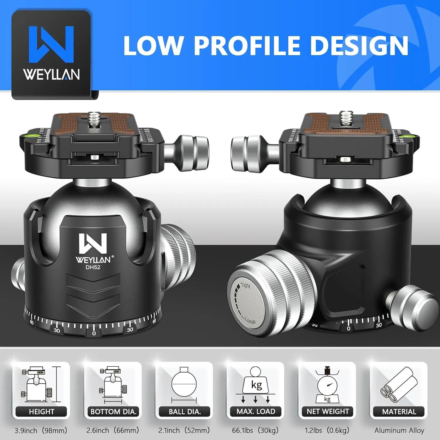 Low Profile Ball Head 52mm Tripod Head WEYLLAN DH52 Camera Head Mount, CNC Heavy Duty Ball Head with Two 1/4" Quick Release Plates, Panoramic Ballhead for Tripod, Monopod, DSLR, Max Load 66lbs /30kg