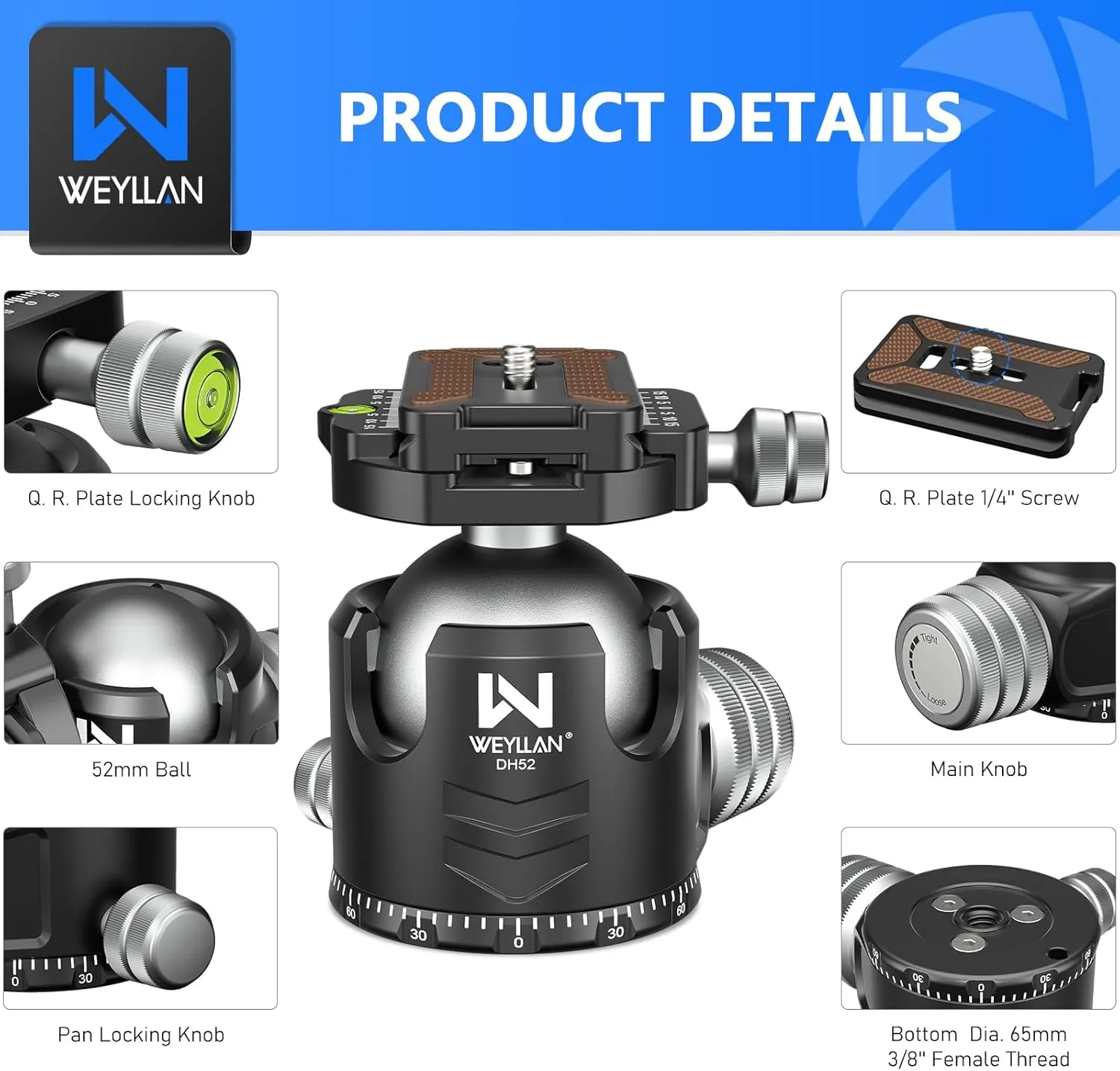 Low Profile Ball Head 52mm Tripod Head WEYLLAN DH52 Camera Head Mount, CNC Heavy Duty Ball Head with Two 1/4" Quick Release Plates, Panoramic Ballhead for Tripod, Monopod, DSLR, Max Load 66lbs /30kg