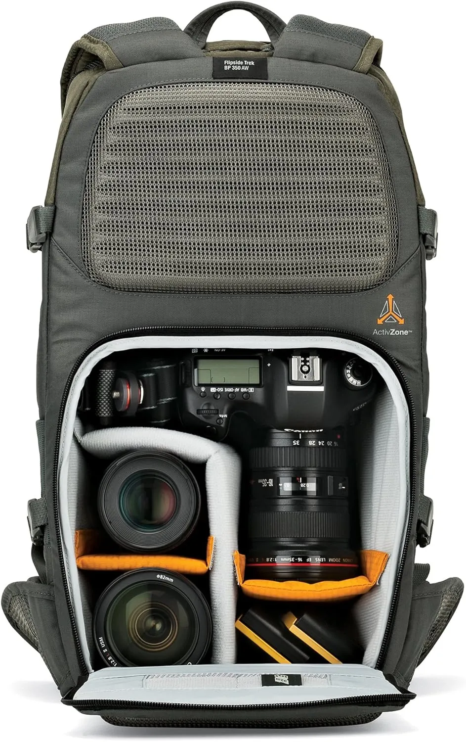 Lowepro LP37015-PWW, Flipside Trek BP 350 AW Backpack for Camera, Stores DSLR with Lens Attached, Extra Lenses, Tripod, 10 Inch Tablet Grey/Dark Green