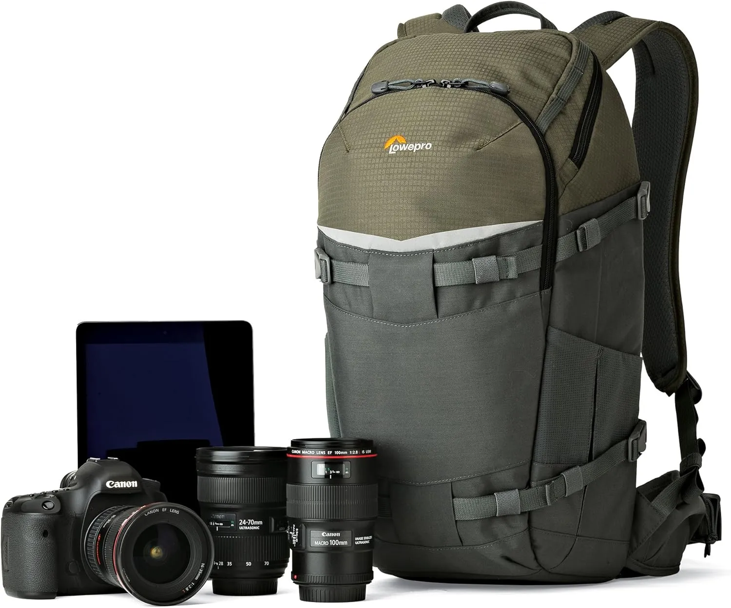 Lowepro LP37015-PWW, Flipside Trek BP 350 AW Backpack for Camera, Stores DSLR with Lens Attached, Extra Lenses, Tripod, 10 Inch Tablet Grey/Dark Green