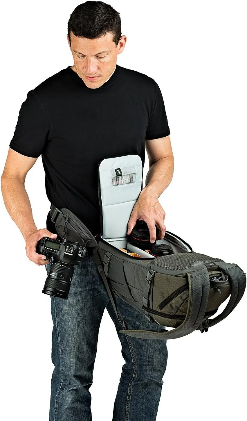 Lowepro LP37015-PWW, Flipside Trek BP 350 AW Backpack for Camera, Stores DSLR with Lens Attached, Extra Lenses, Tripod, 10 Inch Tablet Grey/Dark Green