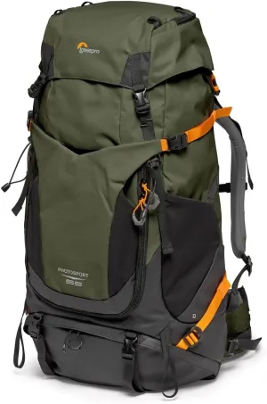 Lowepro PhotoSport PRO BP 55L AW IV with Recycled Fabrics, Camera Backpack for Reflex and Mirrorless, Front and Rear Access, Removable Camera Insert, Accessory Straps, Size S/M, Dark Grey/Green
