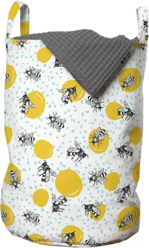 Lunarable Bees Laundry Bag, Continous Queen Animals Hardworker Flower Nectar Sketchy Dots, Hamper Basket with Handles Drawstring Closure for Laundromats, 13" x 19", Pale Blue Earth Yellow