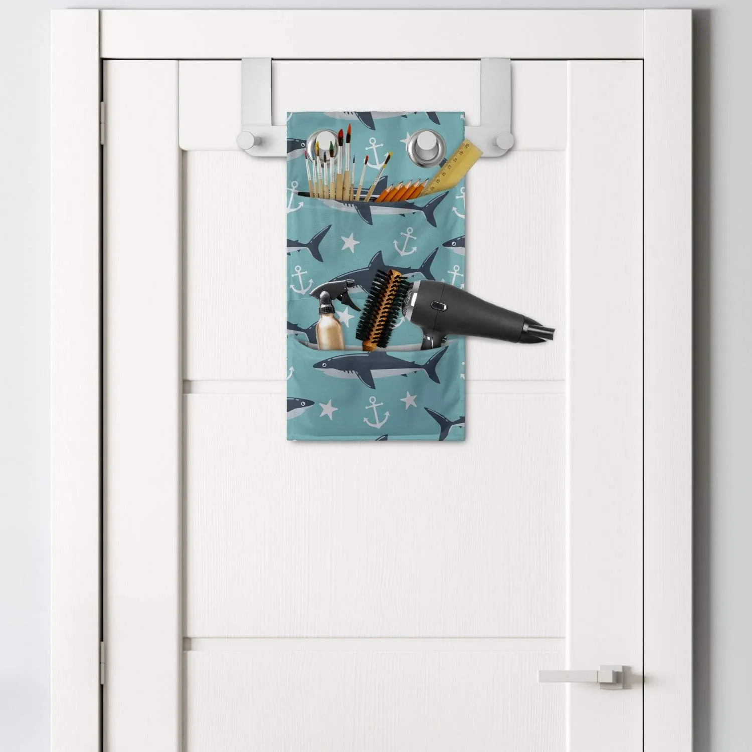 Lunarable Blue Nautical Hanging Pocket Organizer, Demonstration of Shark Star and Anchor Silhouettes Sea Animal, Printed Polyester Storage Bag with Pockets, 9" x 16", Turquoise Dark Blue