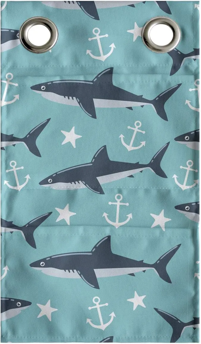 Lunarable Blue Nautical Hanging Pocket Organizer, Demonstration of Shark Star and Anchor Silhouettes Sea Animal, Printed Polyester Storage Bag with Pockets, 9" x 16", Turquoise Dark Blue