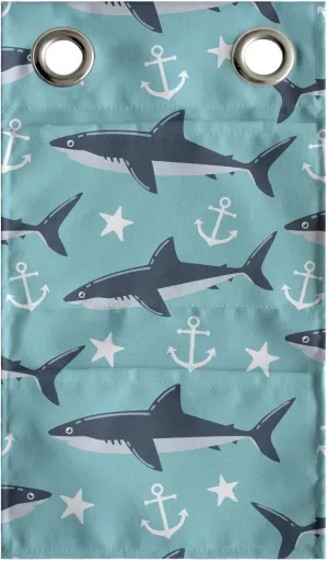 Lunarable Blue Nautical Hanging Pocket Organizer, Demonstration of Shark Star and Anchor Silhouettes Sea Animal, Printed Polyester Storage Bag with Pockets, 9" x 16", Turquoise Dark Blue