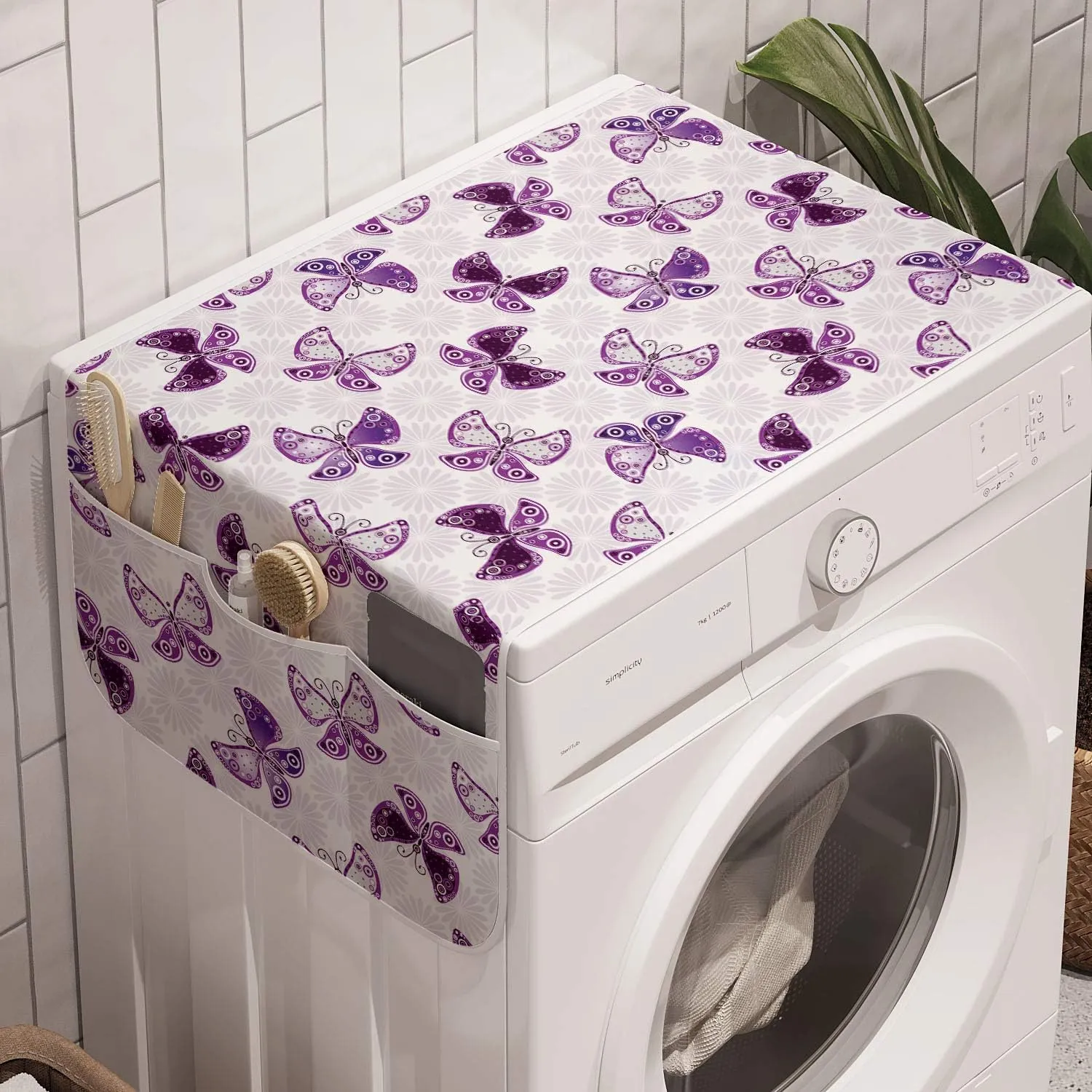 Lunarable Butterfly Washing Machine Organizer, Monotone Pattern of Winged Insect and Flowers, Anti-slip Fabric Cover for Washers and Dryers, 47" x 18.5", Purple