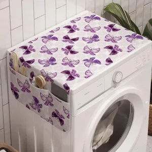 Lunarable Butterfly Washing Machine Organizer, Monotone Pattern of Winged Insect and Flowers, Anti-slip Fabric Cover for Washers and Dryers, 47" x 18.5", Purple