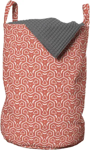 Lunarable Coral Laundry Bag, Prehistoric Culture Surreal Shapes Morphing Concentric Line Oriental, Hamper Basket with Handles Drawstring Closure for Laundromats, 13" x 19", Coral White
