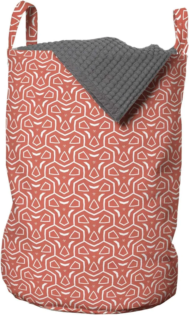Lunarable Coral Laundry Bag, Prehistoric Culture Surreal Shapes Morphing Concentric Line Oriental, Hamper Basket with Handles Drawstring Closure for Laundromats, 13" x 19", Coral White