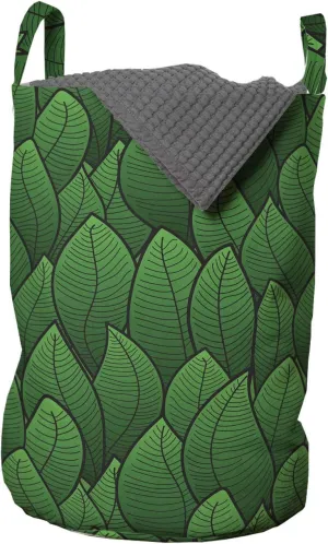 Lunarable Green Laundry Bag, Cartoon Style Leafage Pattern Fresh Foliage Plant Spring Nature Ecology, Hamper Basket with Handles Drawstring Closure for Laundromats, 13" x 19", Forest Green Black