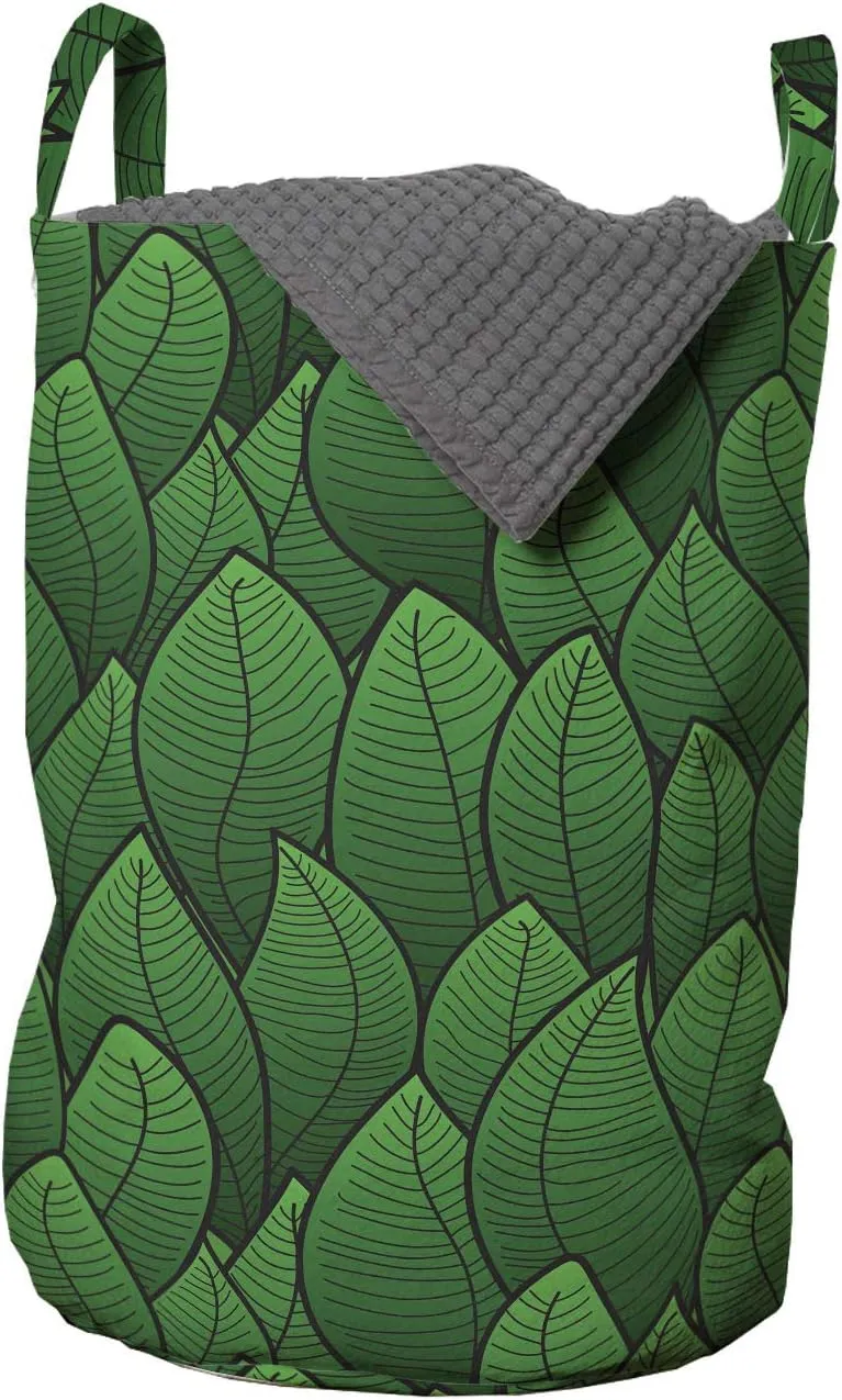 Lunarable Green Laundry Bag, Cartoon Style Leafage Pattern Fresh Foliage Plant Spring Nature Ecology, Hamper Basket with Handles Drawstring Closure for Laundromats, 13" x 19", Forest Green Black
