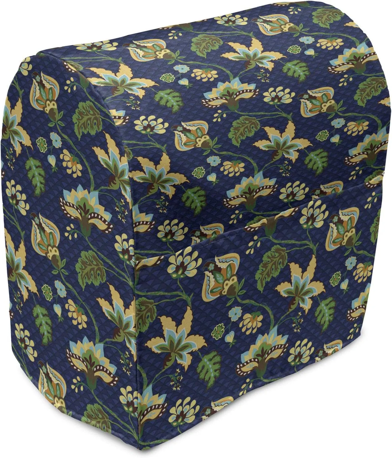 Lunarable Jacobean Stand Mixer Cover, Triangles with Floral Pattern Stalks Leaves Flowers Whimsical Nature, Kitchen Appliance Organizer Bag Cover with a Pocket, 6-8 Quarts, Dark Blue Green Mustard