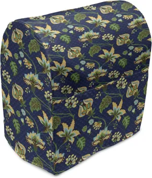 Lunarable Jacobean Stand Mixer Cover, Triangles with Floral Pattern Stalks Leaves Flowers Whimsical Nature, Kitchen Appliance Organizer Bag Cover with a Pocket, 6-8 Quarts, Dark Blue Green Mustard
