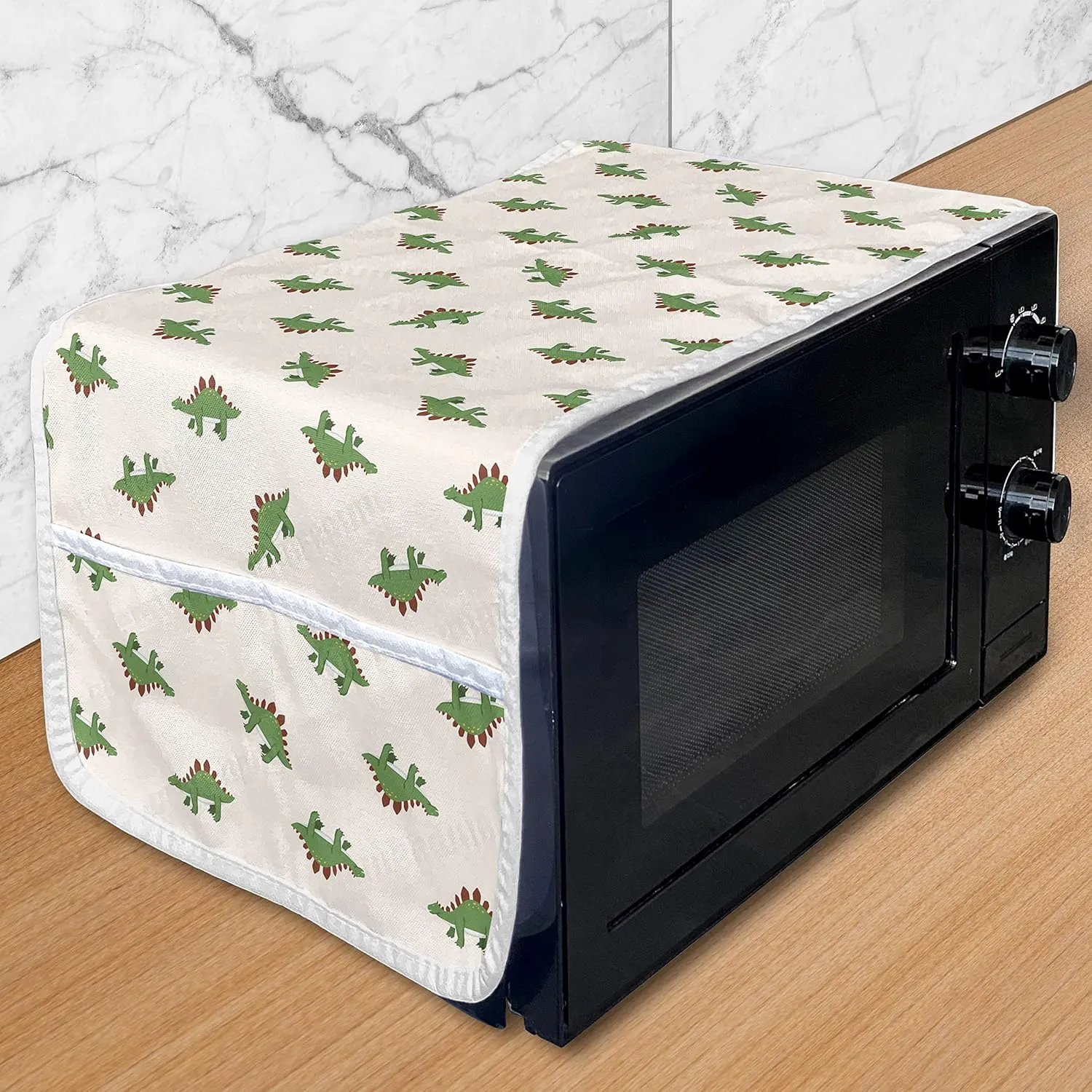 Lunarable Jurassic Microwave Oven Cover, Stegosaurus Dinosaur Prehistoric Herbivorous Reptiles Extinct Animals, Water Resistant Organizer with Pockets for Kitchen, 36" x 12", Fern Green Ruby Beige