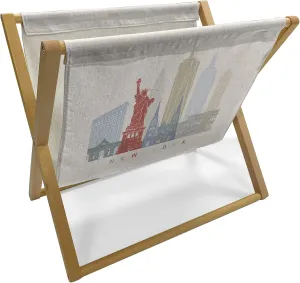 Lunarable New York Skyline Magazine and Book Holder, Pastel Colors of America Modern Style Representation Art, Floor Rack Organizer for Office Home and School, 22"x19", Eggshell Pale Taupe Khaki