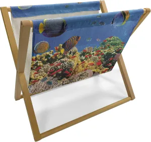 Lunarable Ocean Magazine and Book Holder, Submerged Colorful Coral Colony on Reef Exotic Fishes Tranquil Shallow Sea Picture, Floor Rack Organizer for Office Home and School, 22"x19", Multicolor