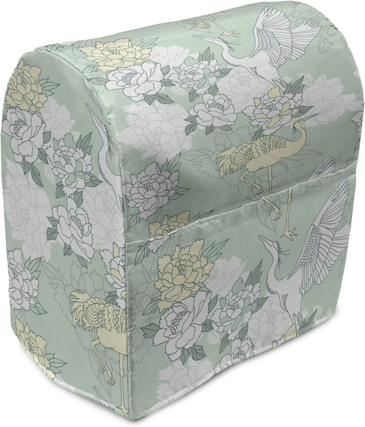 Lunarable Traditional Stand Mixer Cover, Japanese Cranes Peonies Cultural Aspects Symbolic of Happy Life, Kitchen Appliance Organizer Bag Cover with a Pocket, 6-8 Quarts, Avocado Green Pale Green