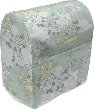 Lunarable Traditional Stand Mixer Cover, Japanese Cranes Peonies Cultural Aspects Symbolic of Happy Life, Kitchen Appliance Organizer Bag Cover with a Pocket, 6-8 Quarts, Avocado Green Pale Green